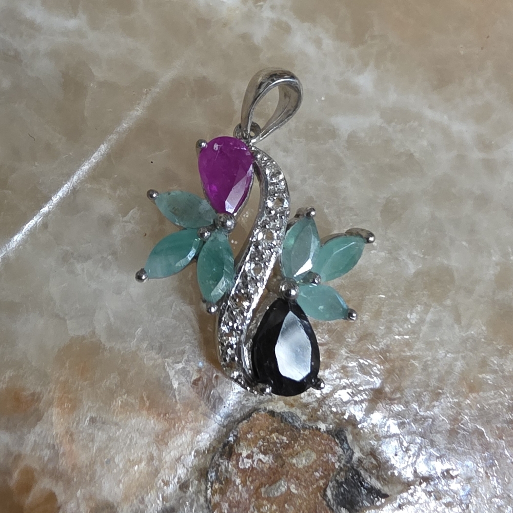 🆕️ Elegant Dainty Lab Ruby Sapphire Emerald Sterling Silver Pendant